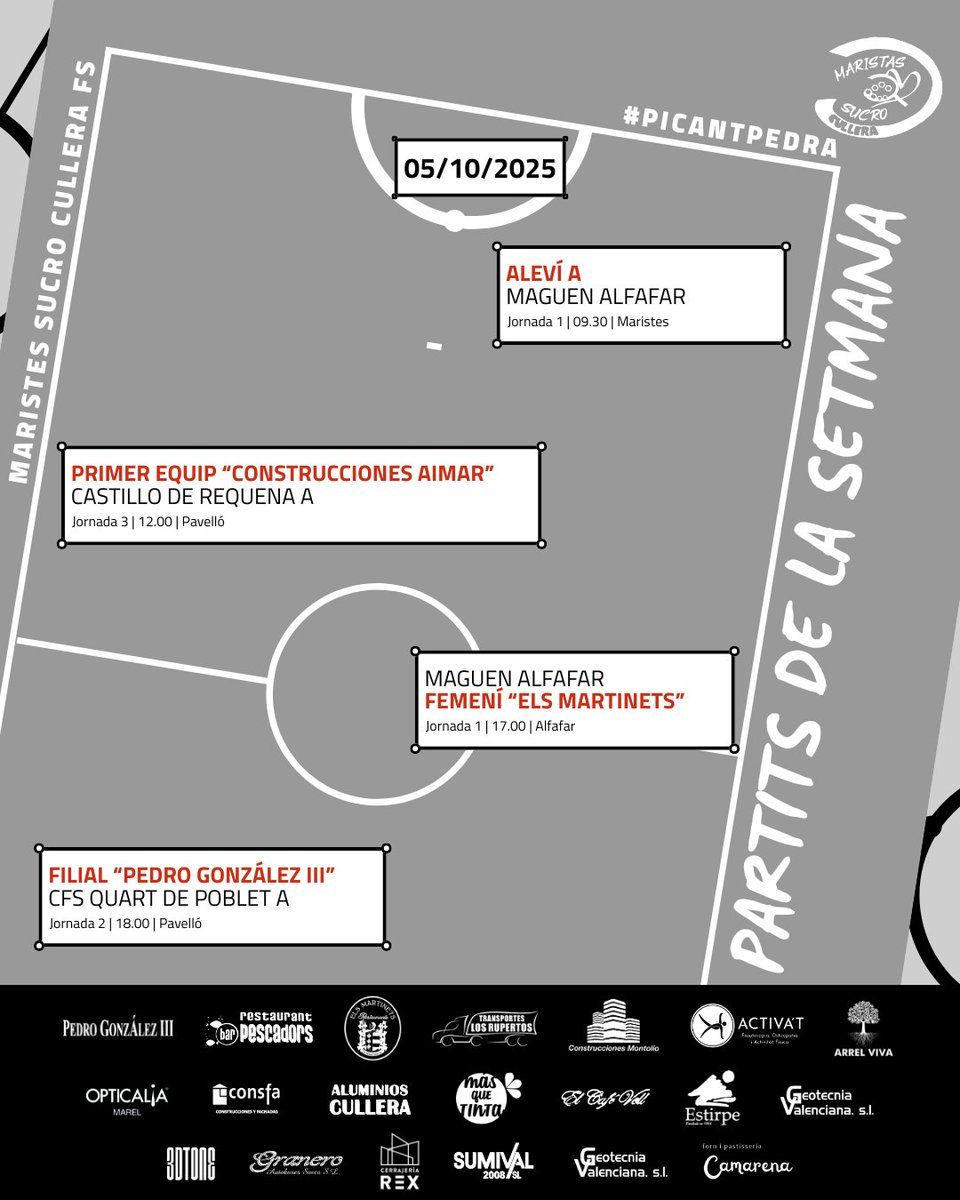 📅 Cap de setmana intens de futsal!

5 equips debuten en lliga: Benjamí A, Benjamí B, Aleví A, Aleví B i Femení “Els Martinets”.

🏠 A casa: Infantil (divendres), i diumenge Aleví A, Primer Equip i Filial.

🙌🏼 Vos esperem a Maristes i al Pavelló!

#PicantPedra