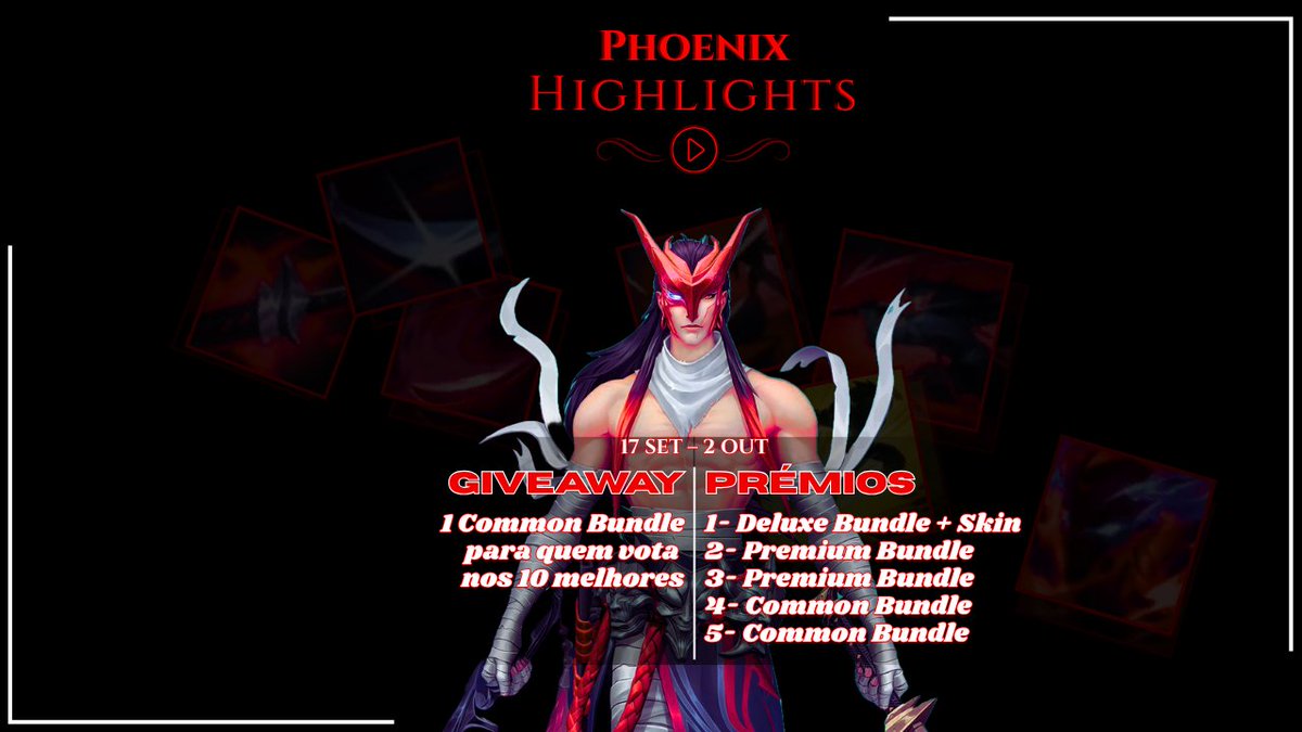 # PHOENIX HIGHLIGHTS 

📢 Ultimo dia da 1ª fase do Phoenix HIGHLIGHTS 

Para participar basta colocarem as vossas jogadas nas vossas redes sociais, identificarem a rede social da Phoenix Community mais 2 amigos 👨‍💻

Está a valer 1 skin 🎎
#PhoenixCommunity #WildRiftPT #Gaming