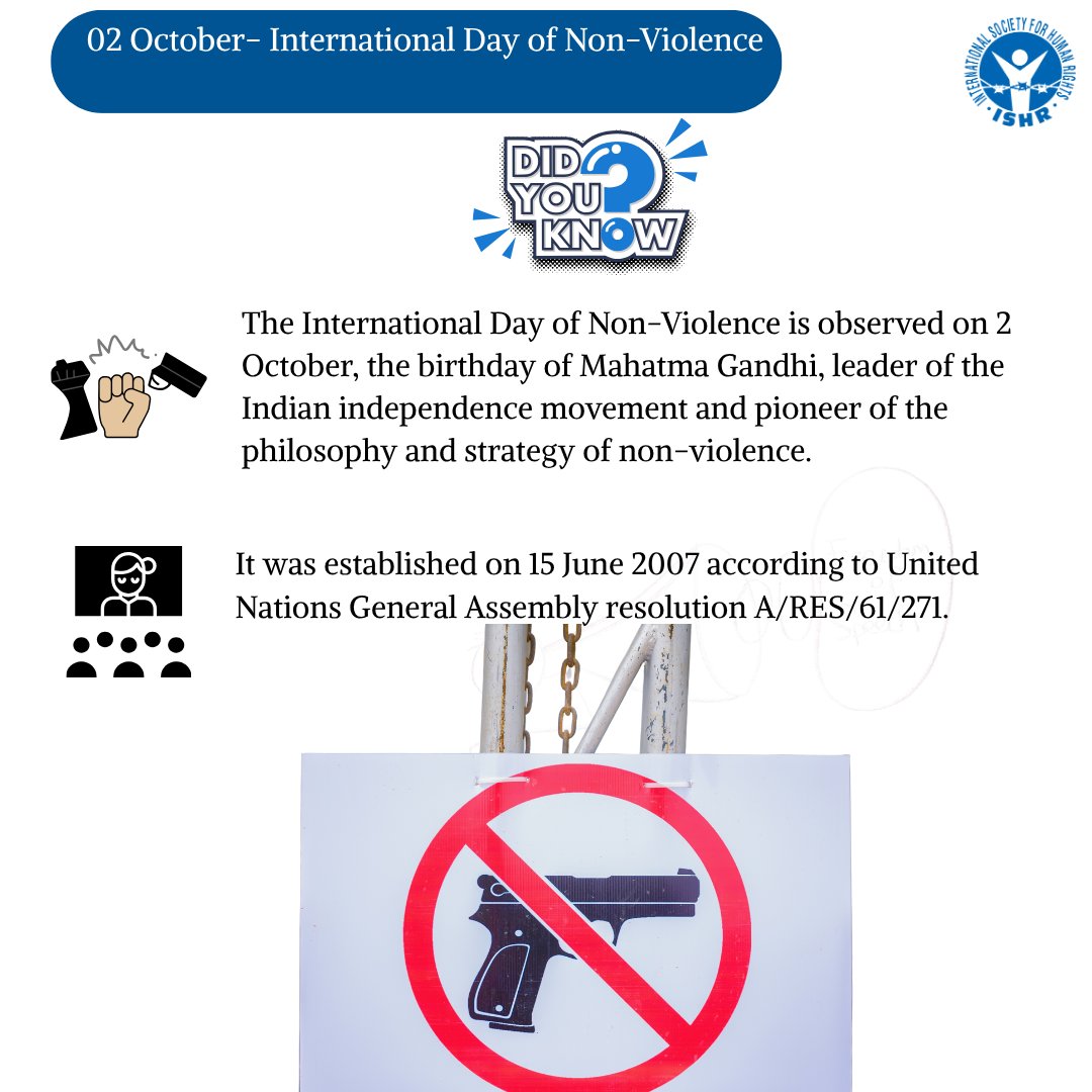 International Day of Non-Violence
Inspired by Mahatma Gandhi’s legacy, this day champions the transformative power of non-violent resistance.
In a world of conflict, it is a reminder:
Change begins not with force, but with conscience.
#NonViolence #MoralPower #HumanRights