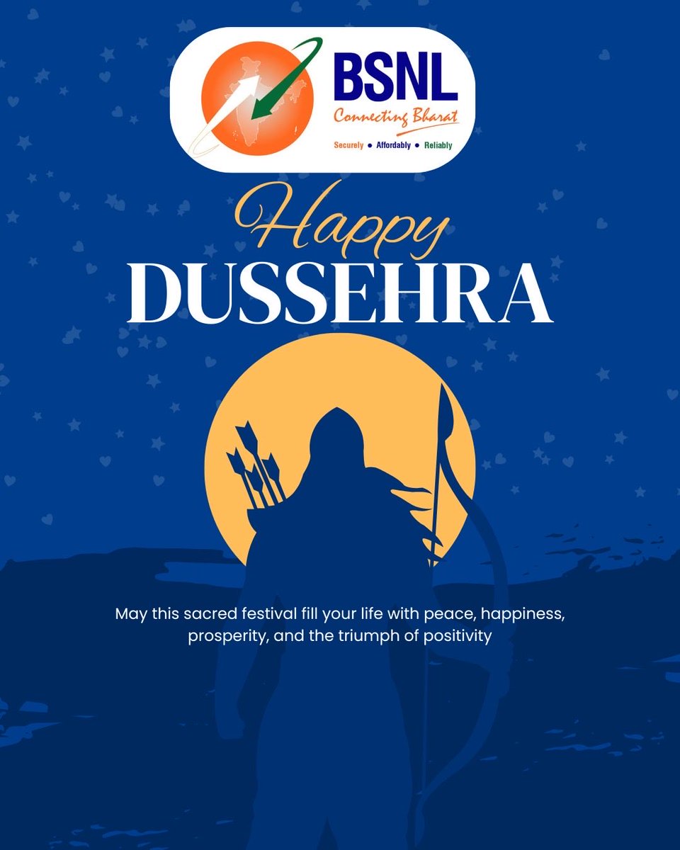✨This Dussehra, let’s celebrate the triumph of good over evil, truth over lies, and light over darkness.
May positivity, happiness, and success always conquer in your life. 🌸🔥

#dussehra #BSNL #BSNL4G #DigitalIndia #SwadeshiNetwork