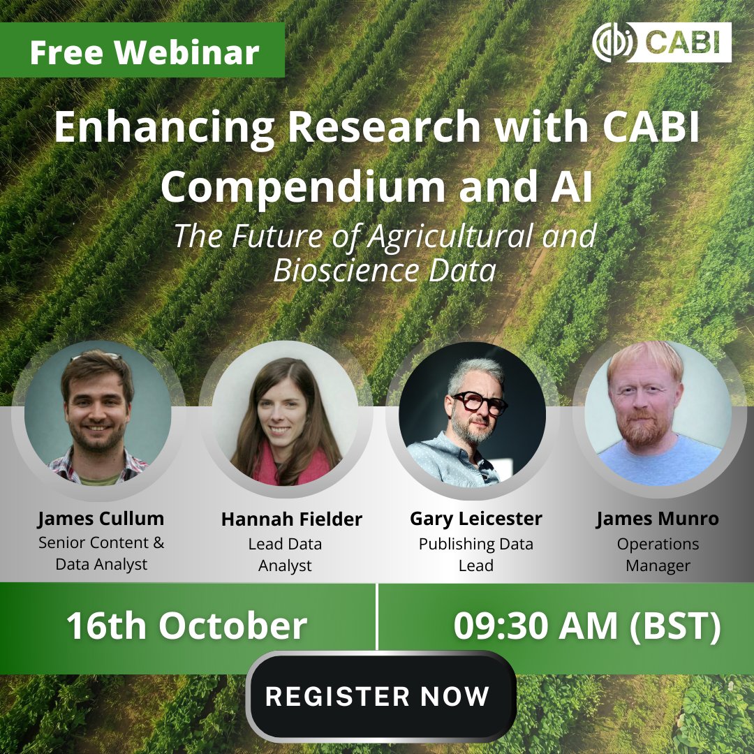 📢 Upcoming webinar | 16 Oct, 9:30 AM BST
Discover how CABI Compendium + AI can transform agri &amp; bioscience research 🌱📊

Register here: ow.ly/KKyG50X272P

 #AgriScience #Bioscience #ResearchWebinar #AgriTech #BioscienceInnovation