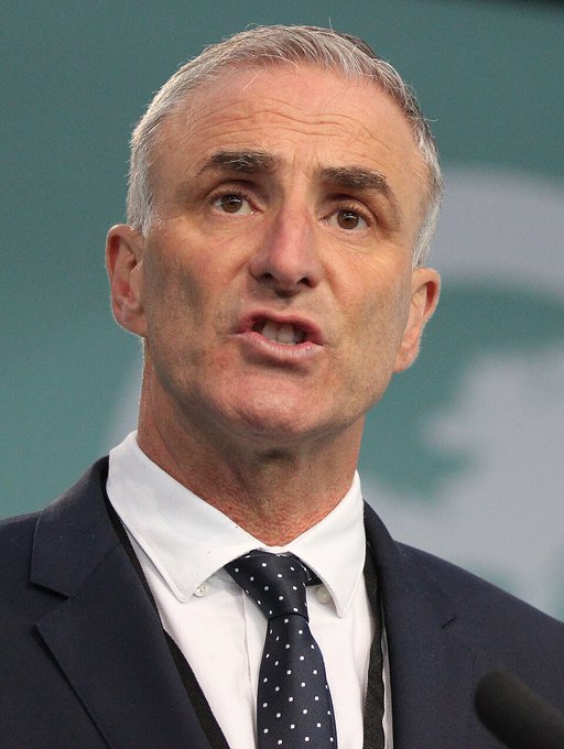 Chris Andrews, an Irish Senator, wearing a dark suit, white dress shirt, and polka-dotted tie, speaking at a podium with a microphone.
