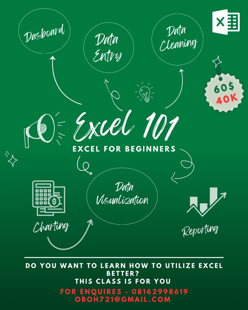 Today is a good day to get registered for Excel101 …

Data entry &amp; cleaning → formulas &amp; functions → PivotTables → charts &amp; dashboards → bonus Google Sheets

Live, hands-on sessions + recordings if you miss any

Send a Dm now or contact me 👇