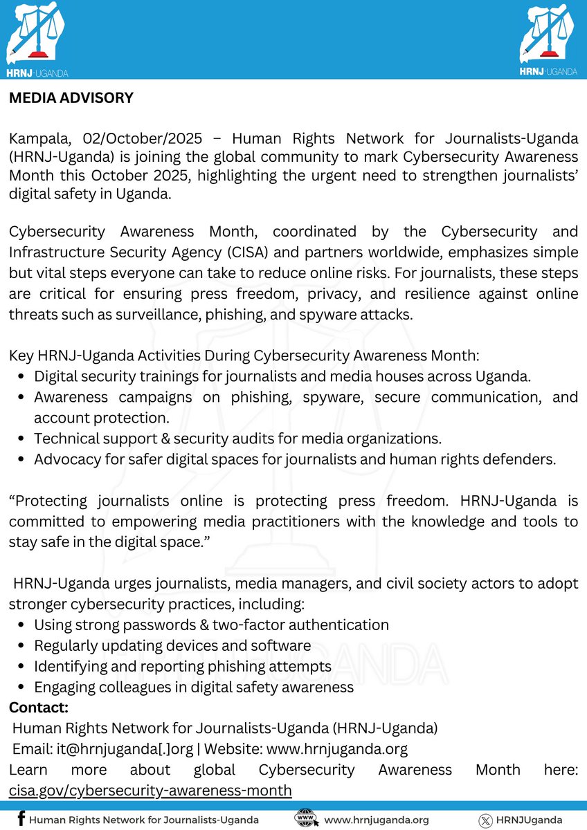 HRNJ-Uganda joins the global community in observing #CybersecurityAwarenessMonth this October, reinforcing its commitment to equipping journalists and media practitioners with digital safety skills and proactive measures against cyber threats. 
bit.ly/3KvYkyj