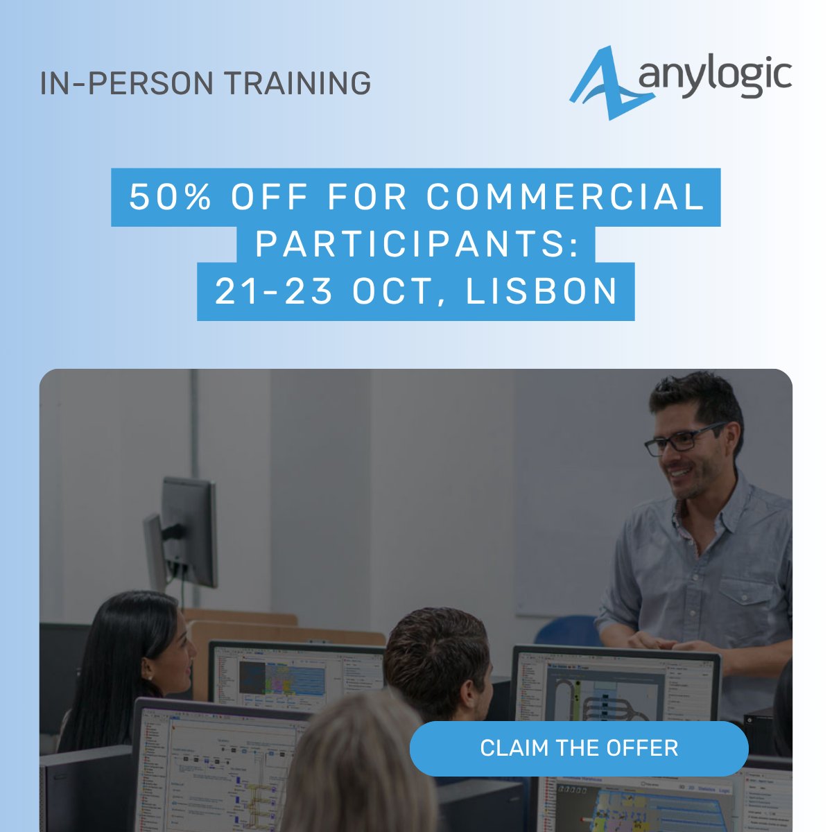AnyLogicCo's tweet image. Ready to dive into simulation in Lisbon? Now with 50% off! ✨

 📅 Oct 21–23 | 📍 Hotel Tivoli Avenida Liberdade

Three days, hands-on. Build models of supply chains, traffic, and more—guided by AnyLogic experts.
Seats are limited. Secure yours today ➡️
anylogic.com/resources/trai…