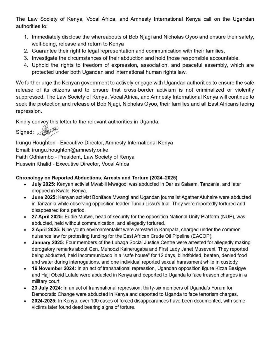 The Law society of Kenya <a href="/LawSocietyofKe/">Law Society of Kenya</a> , VOCAL Africa <a href="/VOCALAfrica_/">VOCAL Africa</a> and Amnesty international Kenya <a href="/AmnestyKenya/">Amnesty Kenya</a> have written to the Uganda High Commission in Nairobi demanding the immediate release of abducted Kenyan activists Bob Njagi and Nicholas Oyoo.

Their safety &amp;