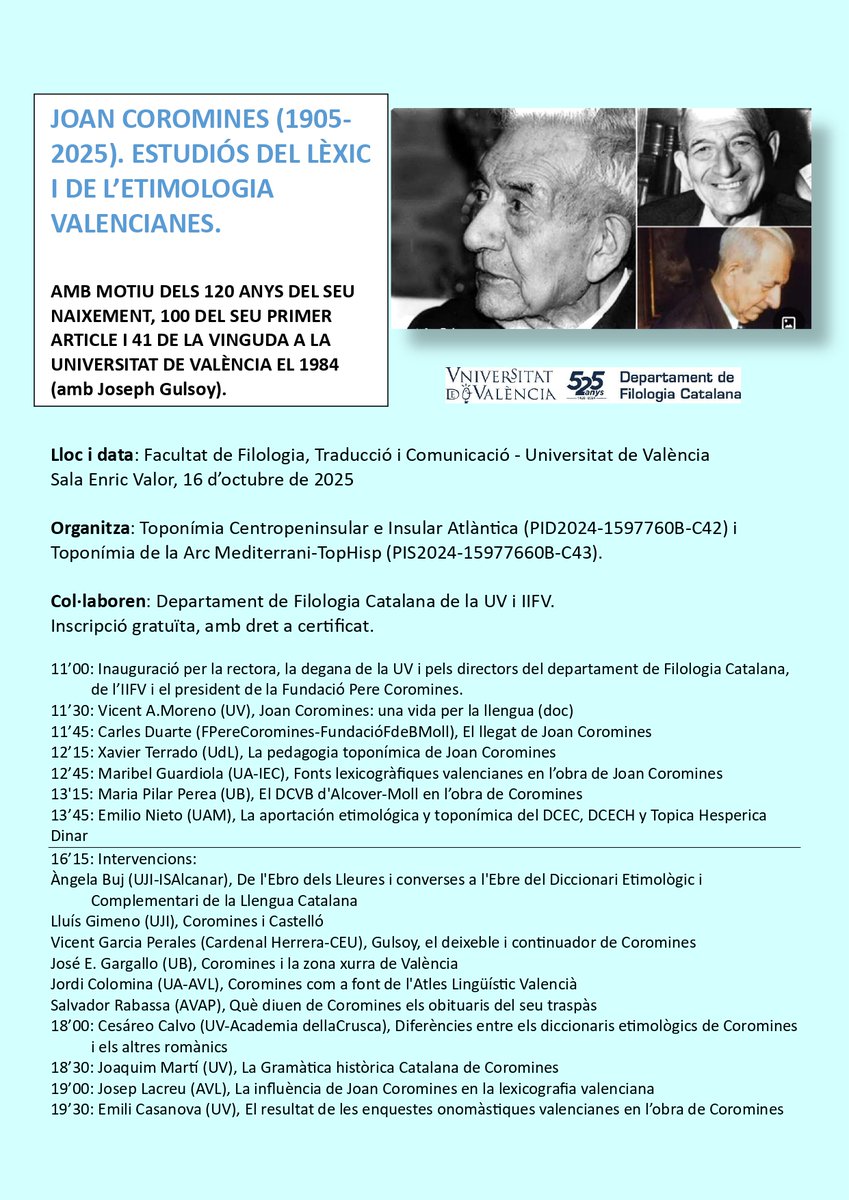 👉Jornada "Joan Coromines (1905-2025), estudiós del lèxic i de l'etimologia valencianes"
🗓️16 d'octubre, a Filologia de la Universitat de València
