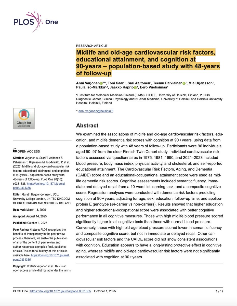 Un estudio en gemelos revela que un mayor nivel educativo se asocia con un mejor rendimiento cognitivo en la vejez. Una presión arterial elevada en la mediana edad influiría en la capacidad cognitiva a los 90 años. 
file:///Users/gorka/Downloads/journal.pone.0331385-1.pdf