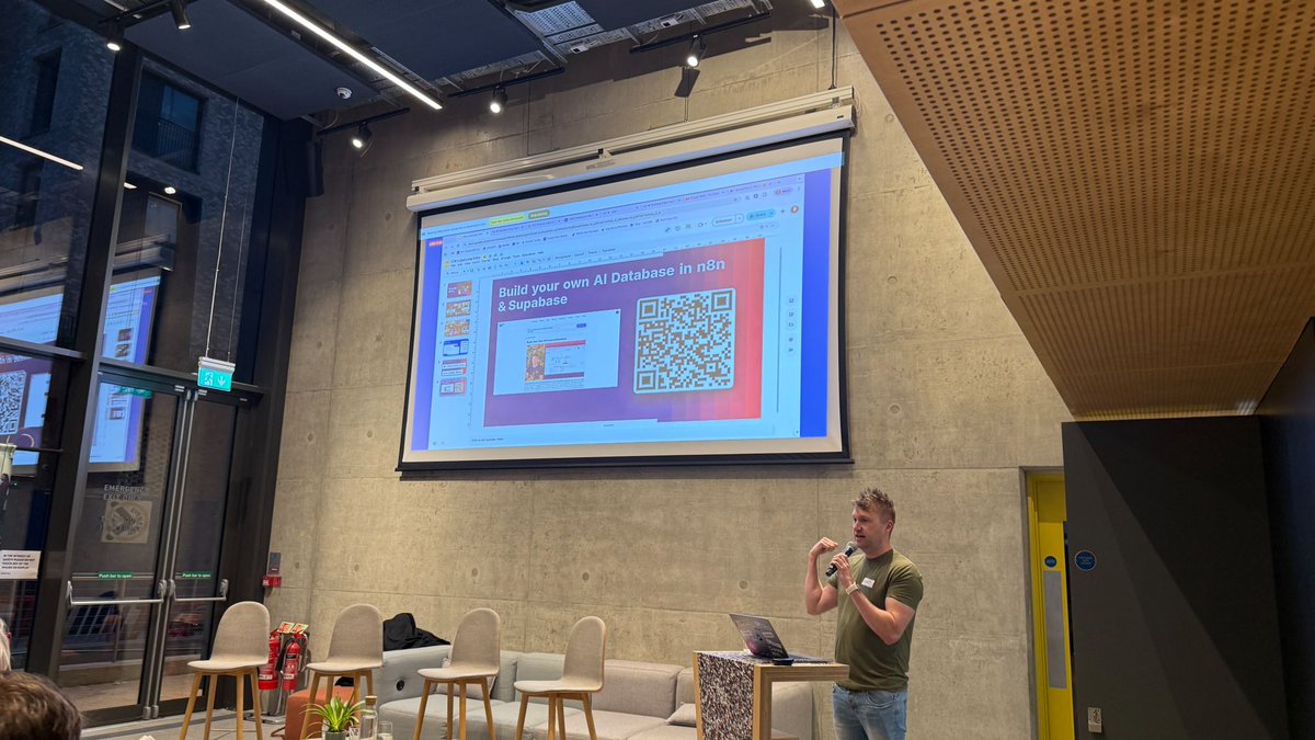 jamesdevonport's tweet photo. Always used to be so scared of public speaking but I've been doing it more and more lately because it's so fun to share all the cool stuff you can build using AI.

Thanks very much to #BrightonAI for having me to talk about building MCP servers using Supabase &amp; n8n last night! https://t.co/eTTxvZ0Go9