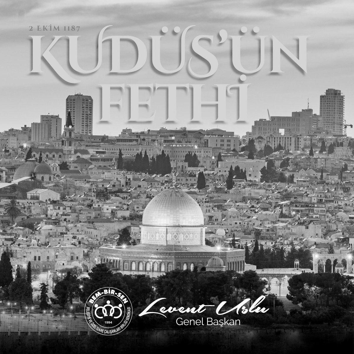 “Cihana Adalet
Filistin’e Özgürlük”

2 Ekim 1187
Şark’ın sevgili Sultanı,
Selahaddin Eyyubi 88 yıllık haçlı işgaline son vererek 
ilk kıblemiz, mukaddes beldemiz #Kudüs'ü fethetti. 

Kudüs Fatihi
Sultan Selahaddin Eyyübi ve şanlı Mücahidleri rahmet ve minnetle yad ediyorum.