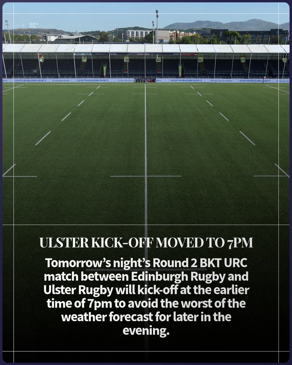 Tomorrow night’s <a href="/URCOfficial/">BKT United Rugby Championship (URC)</a> match against Ulster will now kick-off at the earlier time of 7pm to avoid the worst of the weather forecast for later in the evening.

Turnstiles will now open at 6pm, we thank supporters for their understanding. 

Read more 🗞️
