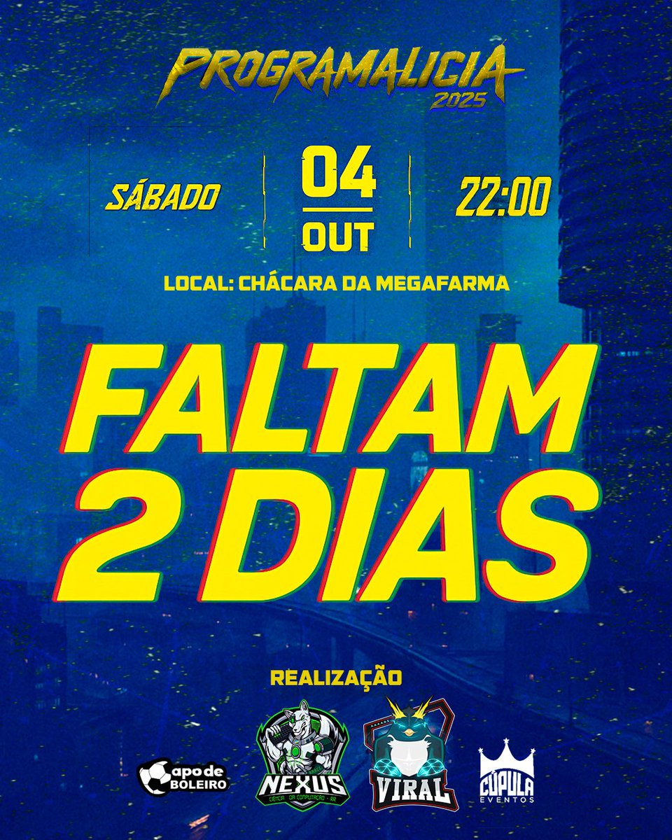 atleticanexusrr's tweet photo. ⏳ FALTAM 2 DIAS! 🔥
A contagem regressiva tá chegando ao fim…
Dia 4 de outubro a Programalícia vai parar Boa Vista! 🎉🍻

#Programalícia #Calourada #Faltam2Dias https://t.co/xOUiiv1Cbh