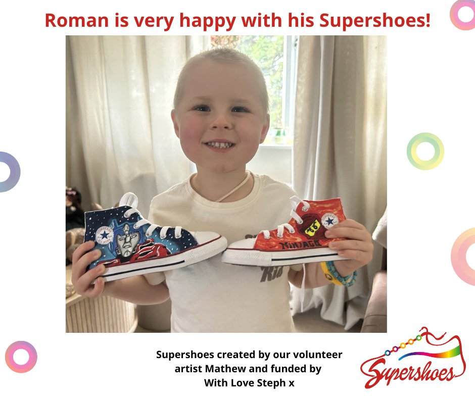 Roman's Supershoes feature his favourite characters to uplift him during chemotherapy for ALL. These shoes were made possible through funding from With Love, Steph and created by volunteer artist Mathew.