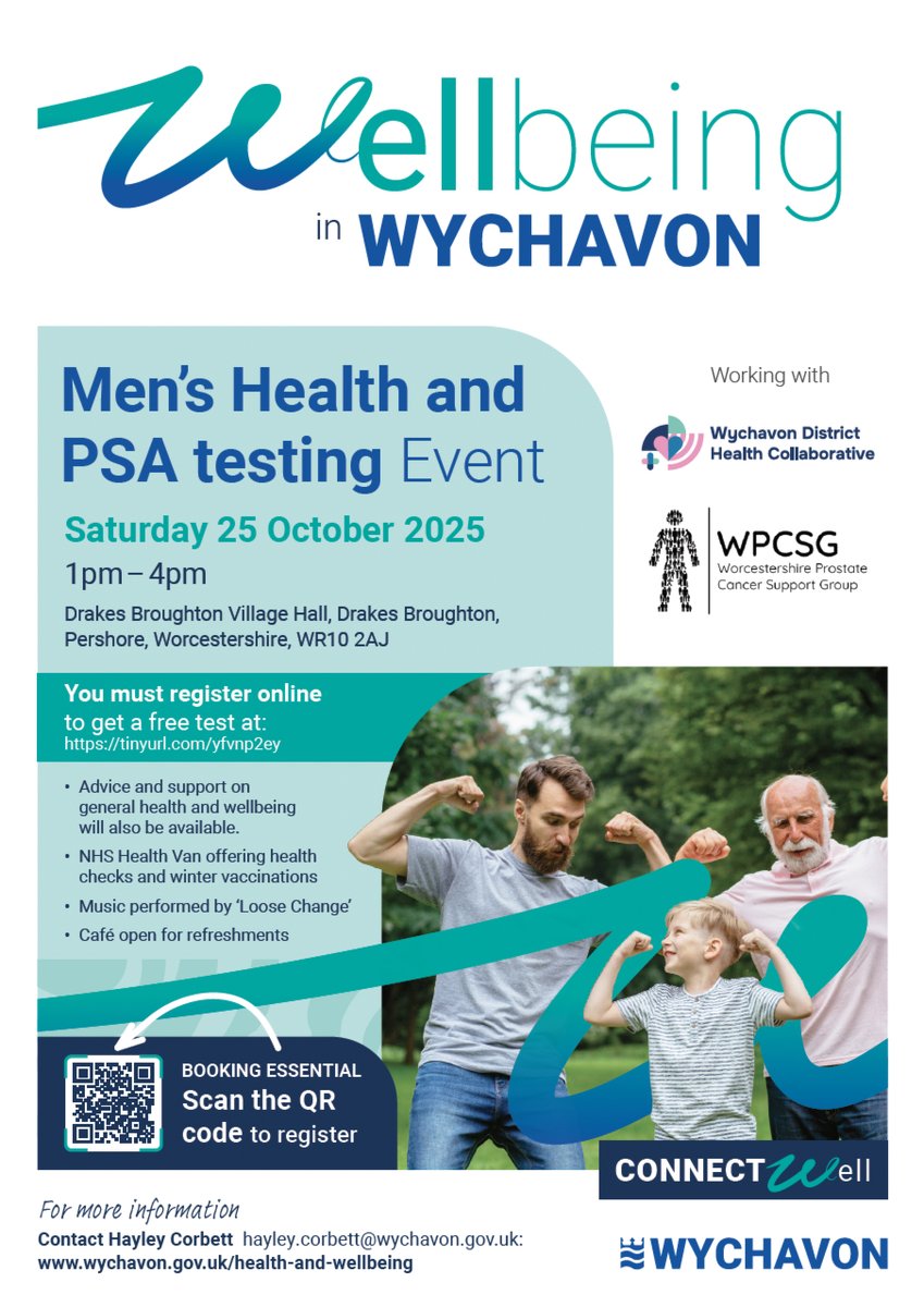 Mens free Prostate Cancer PSA testing event Drakes Broughton Village Hall in conjunction with Wychavon Wellbeing.  
Booking is essential.  Click on the QR code or go to mypsatests.org.uk and find the event by clicking on "Events".