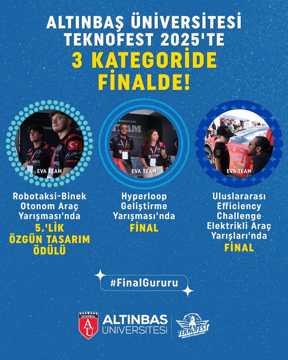 AltinbasUniv's tweet photo. “Hayaller tasarıma, tasarımlar başarıya dönüştü!” ✨

Üniversitemizin geleceği kodlayan ekibi EVA Team, Teknofest 2025’te 3 farklı kategoride finale adını yazdırdı!
Bu başarı, hepimizin gururu!  ❤️🏆

#FinalGururu #TEKNOFEST2025 #EVATeam https://t.co/Wowpen4jto