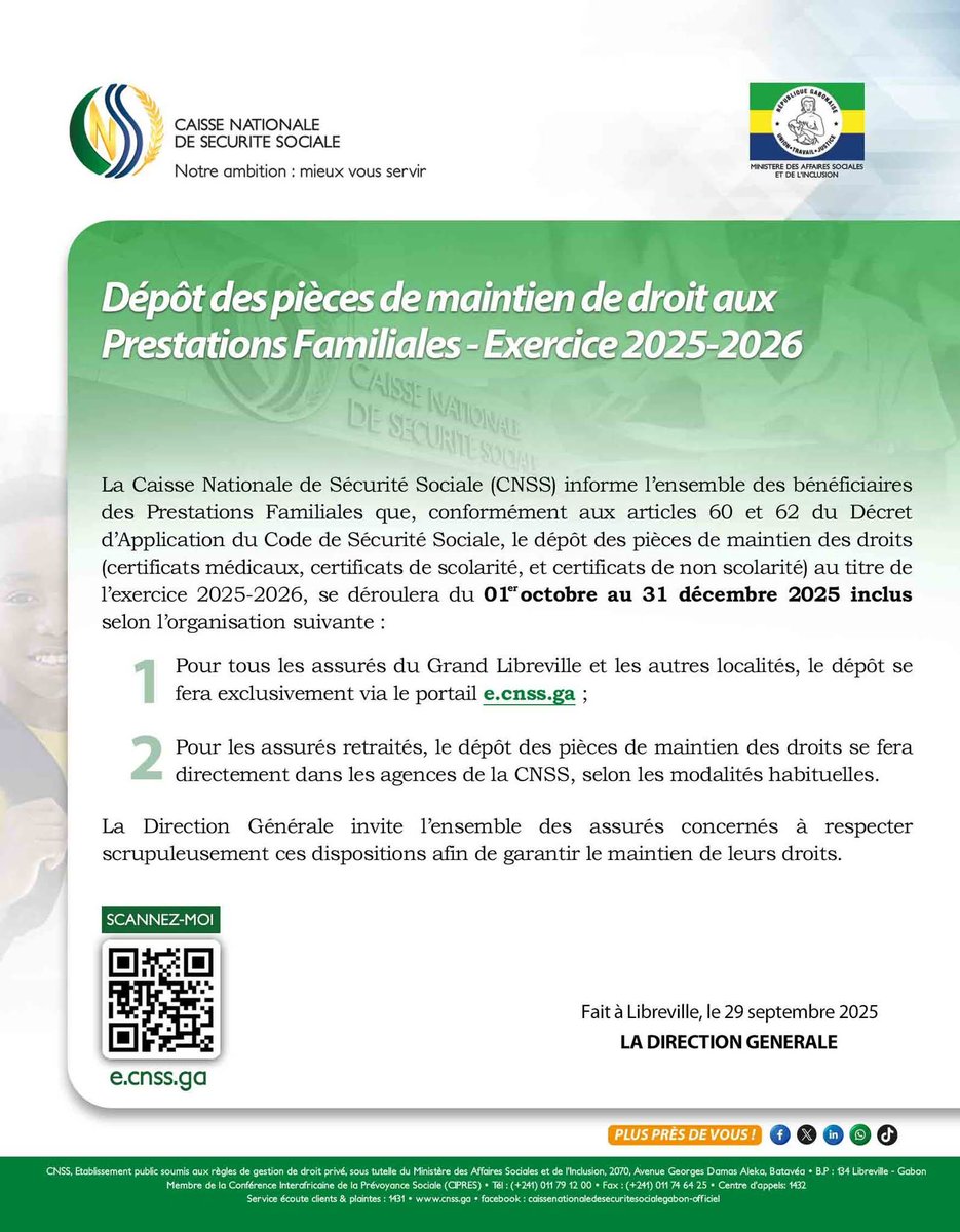 CnssGeneral's tweet image. 🔴𝗖𝗼𝗺𝗺𝘂𝗻𝗶𝗾𝘂𝗲́ 𝗖𝗡𝗦𝗦 : Portant dépôt des pièces de maintien de droit aux prestations familiales - exercices 2025-2026