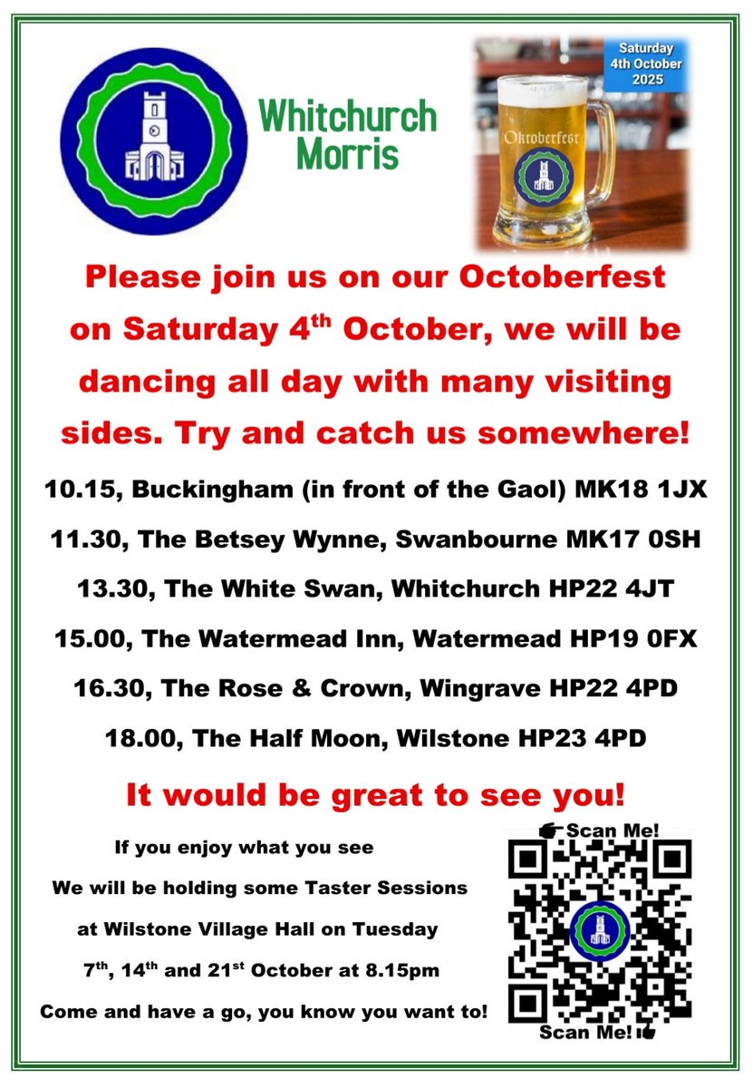 Please come and see us with many guests from all over the country on Saturday 4th October. Starting in Buckingham and working our way back to the Aylesbury area.
It would be great to see you 😀
#morrisdancing