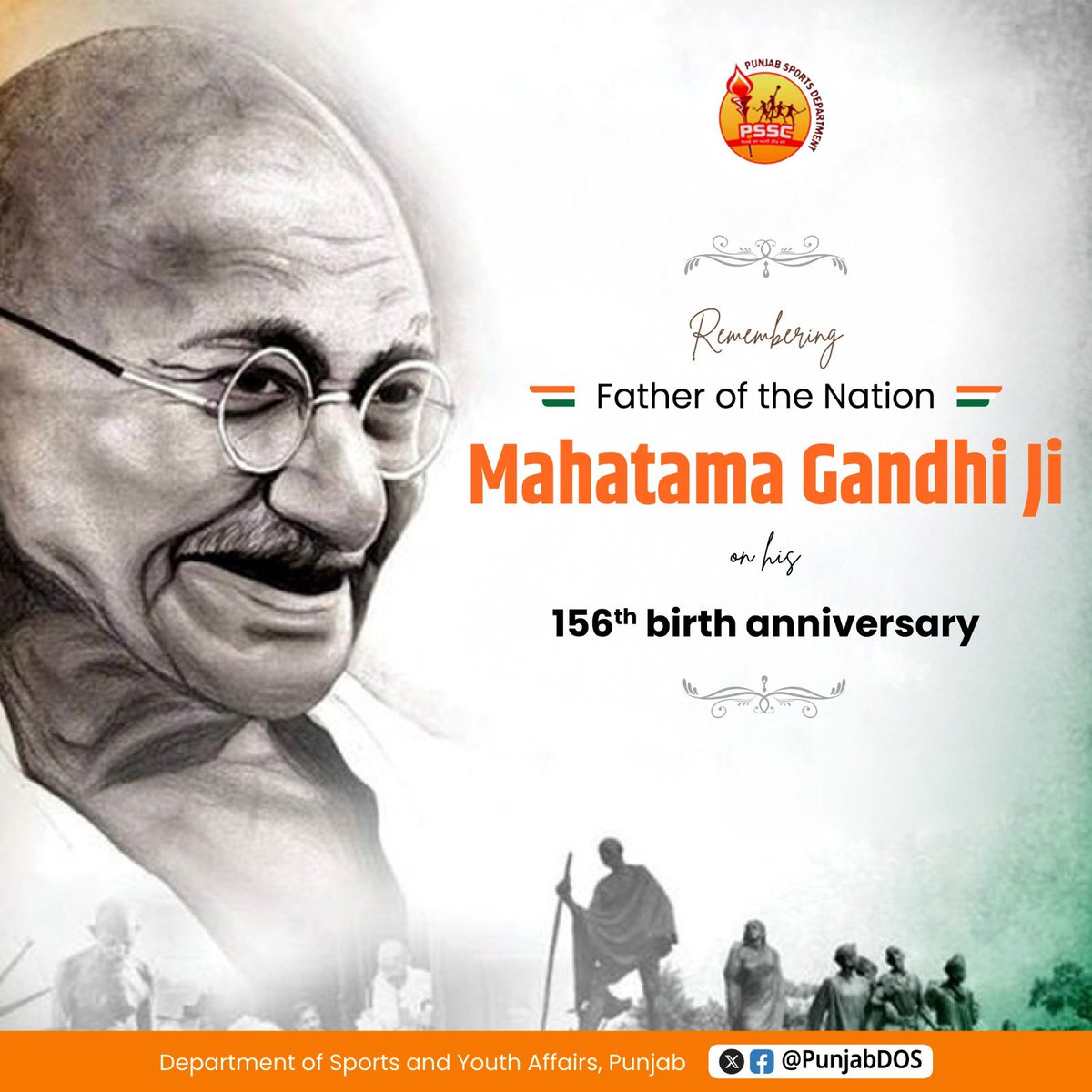 PunjabDOS's tweet photo. Department of Sports and Youth Affairs, Punjab, remembers reverentially Father of the Nation, Mahatama Gandhi Ji on his 156th birth anniversary. https://t.co/kaGTC6rLF4