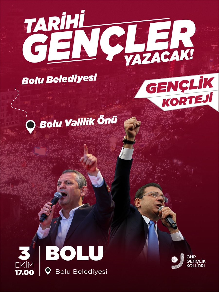 Gençlik kortejinde buluşuyor, özgürlük için yürüyoruz.
 
📍Bolu Belediyesi önü
🗓️ 3 Ekim Cuma
🕐 17.00