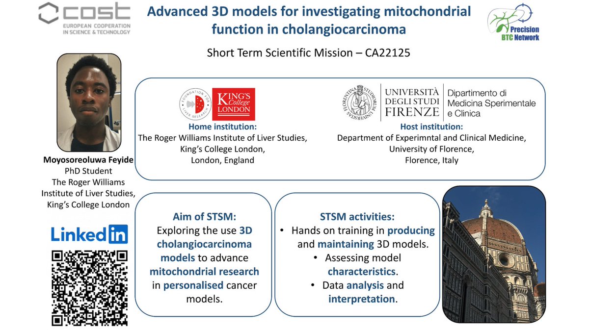 Our next STSM highlight: meet Moyo Feyide 👋, who joined Prof Chiara Raggi’s team in Florence.

He explored the use of 3D models to study primary liver cancers and deepened his understanding of metabolism in cholangiocarcinoma.