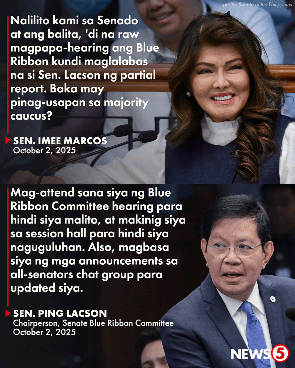 News5PH's tweet image. SEN. LACSON KAY SEN. MARCOS: MAG-ATTEND NG HEARING, MAKINIG SA SESSION HALL, MAGBASA NG GC

Bumuwelta si Senate Blue Ribbon Committee chairperson Sen. Ping Lacson sa pagkalito ni Sen. Imee Marcos sa mga nangyayari sa Senado.

Base sa nakalap na ulat ni Sen. Marcos, hindi na umano…