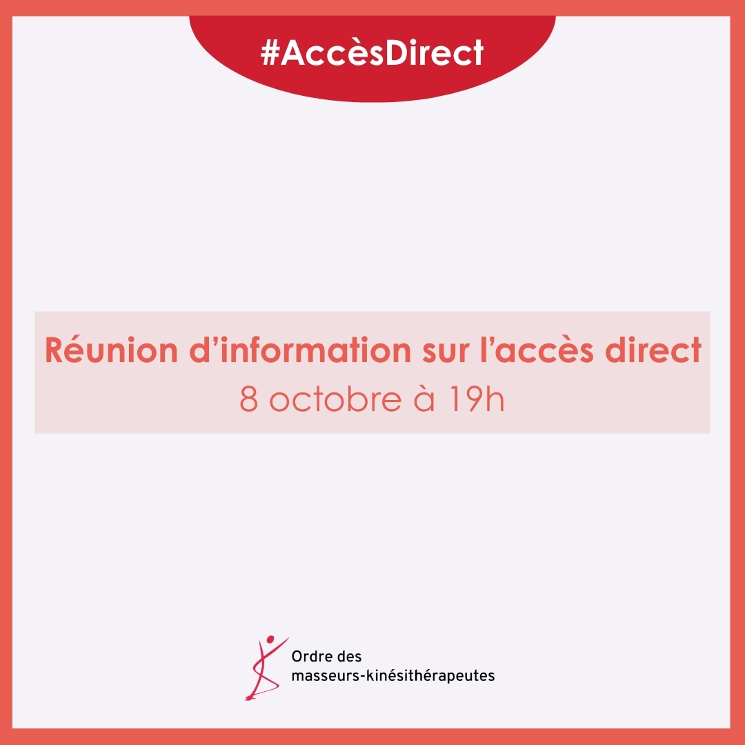📅 5 jours avant la réunion sur l’expérimentation de #AccèsDirect dans les CPTS !

 🎥 Le mercredi 8 octobre à 19h, les élus de l’Ordre vous donnent rendez-vous pour une réunion en direct consacrée à l’expérimentation de l’accès direct pour les kinésithérapeutes exerçant en CPTS