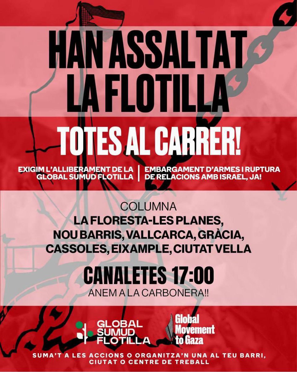 *[IMPORTANT: CANVI D’HORARIS]*

🇵🇸 ATENTES! 🇵🇸 

🔵Columna a Gràcia!

1️⃣ 16:00h - Punt de trobada a Plaça Raspall per agafar materials

2️⃣ 16.30h - Jardinets de Gràcia, davant del Palau Robert per baixar a Canaletes.