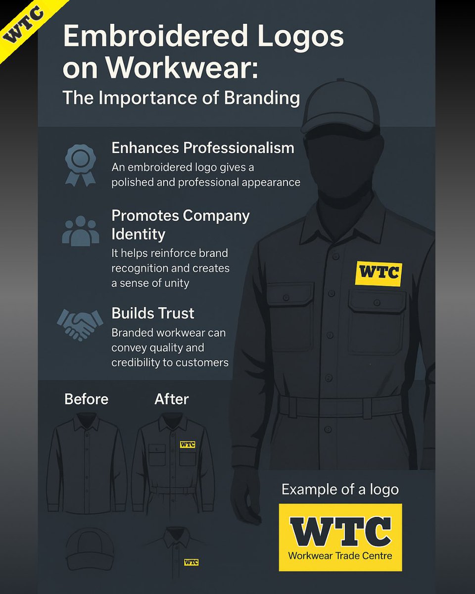 👕 Workwear that works for your brand.

Adding an embroidered logo to your uniforms does more than look smart — it:
✔️ Enhances professionalism
✔️ Builds trust with customers
✔️ Promotes team unity &amp; brand identity

At WTC Workwear, we make it easy to showcase your brand.
