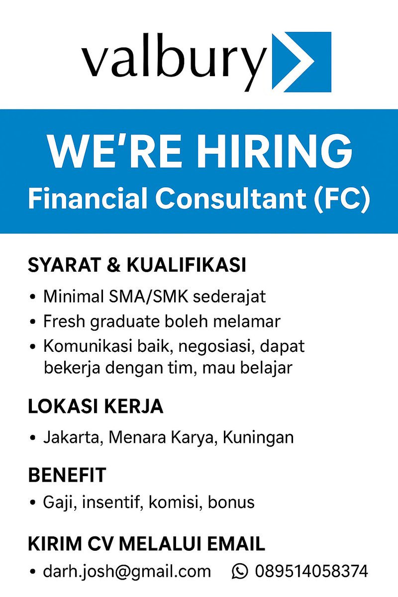 DharmawanJosh's tweet image. We’re hiring Financial Consultant.
📍Kuningan, Jakarta Selatan.

Whatsapp down below for more Info!
089514058374