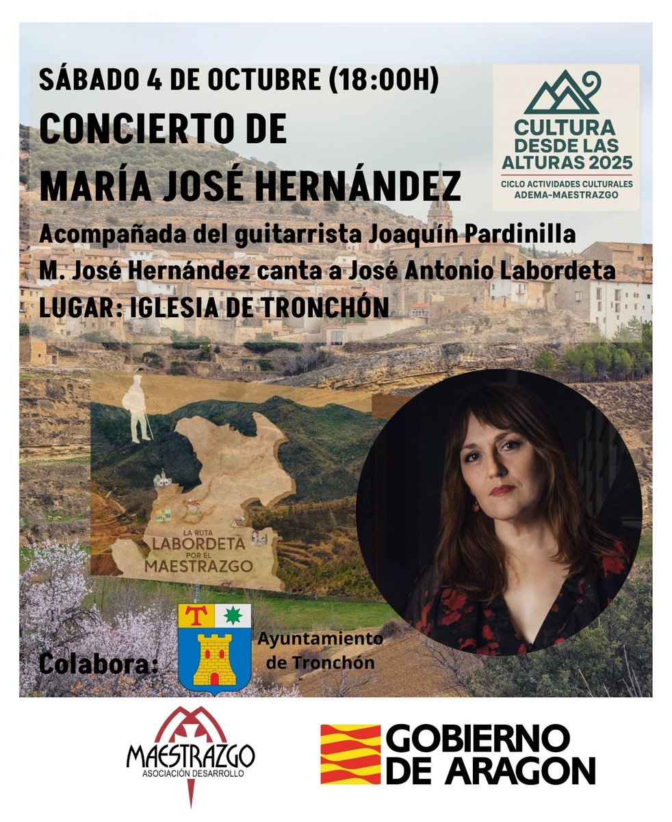María José Hernández canta a Labordeta en Tronchón
maestrazgo.org/esdi/maria-jos…
• Fecha y hora: Sábado 4 de octubre, 18:00h
• Lugar: Iglesia de Tronchón (Teruel)
• Artistas: María José Hernández (voz) y Joaquín Pardinilla (guitarra)
• Entrada: Libre hasta completar aforo