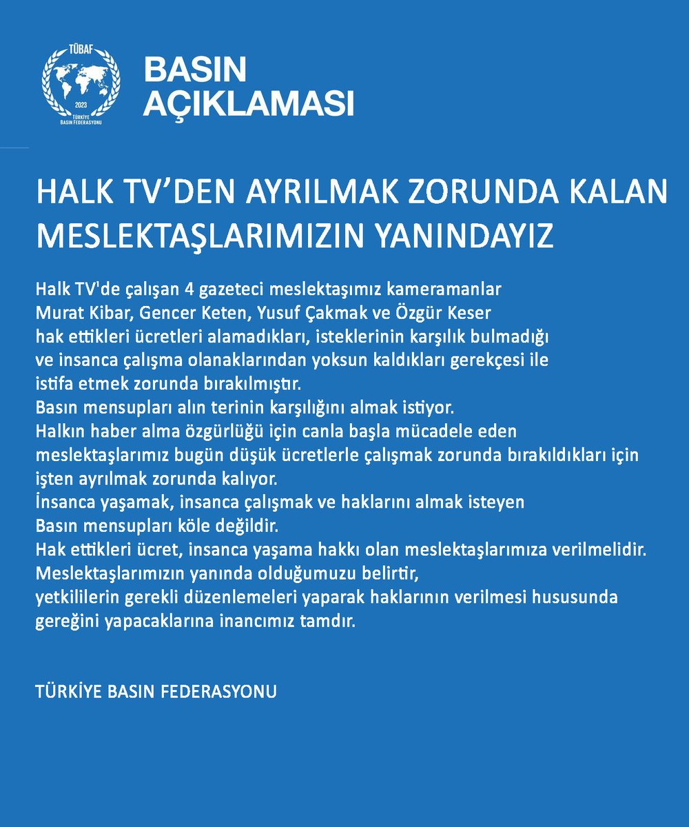 Halk TV'de çalışan 4 gazeteci meslektaşımız hak ettikleri ücretleri alamadıkları, insanca çalışma olanaklarından yoksun kaldıkları gerekçesi ile istifa etmek zorunda bırakılmıştır. Meslektaşlarımızın yanında olduğumuzu belirtiriz.  <a href="/snnburhan/">Sinan Burhan</a>