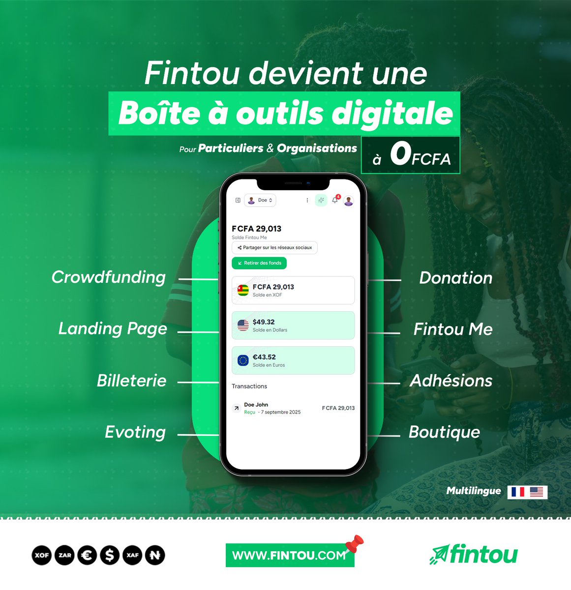 fintoulab's tweet photo. Grande nouvelle !
Fintou n’est plus seulement une plateforme, c’est désormais une boîte à outils digitale 100% africaine 🌍.
Billetterie, dons, votes, adhésions, boutique, https://t.co/PuIqaJ1pk9… tout en un !

Commencez maintenant: https://t.co/UomYqPgjHr https://t.co/gBpetpVu90