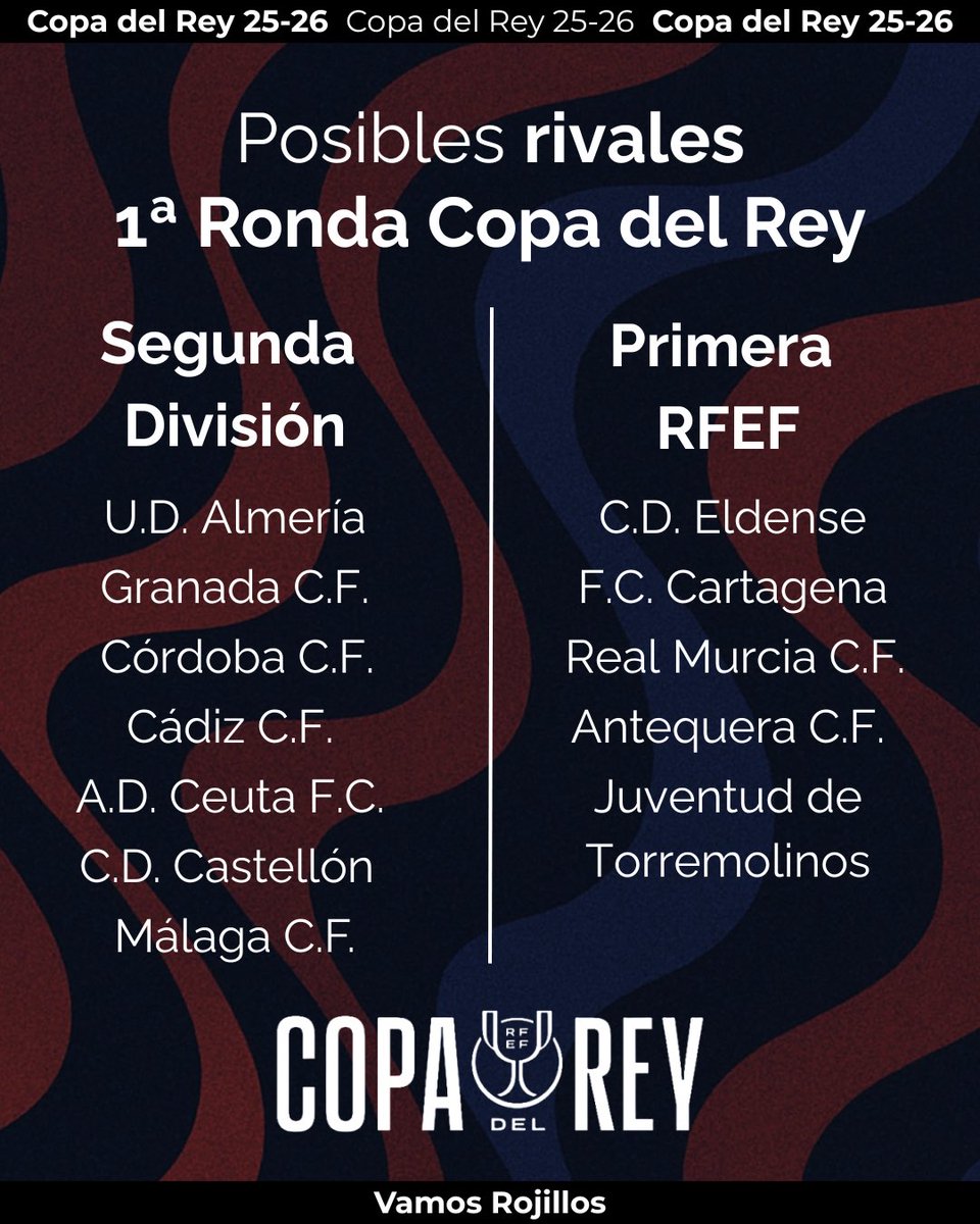 ℹ️ 𝗖𝗢𝗣𝗔 𝗗𝗘𝗟 𝗥𝗘𝗬 | 𝗣𝗢𝗦𝗜𝗕𝗟𝗘𝗦 𝗥𝗜𝗩𝗔𝗟𝗘𝗦 

📌 De aquí saldrá nuestro rival en la primera ronda de la Copa del Rey.

#SubimosJuntosSeguimosJuntos | #VamosRojillos