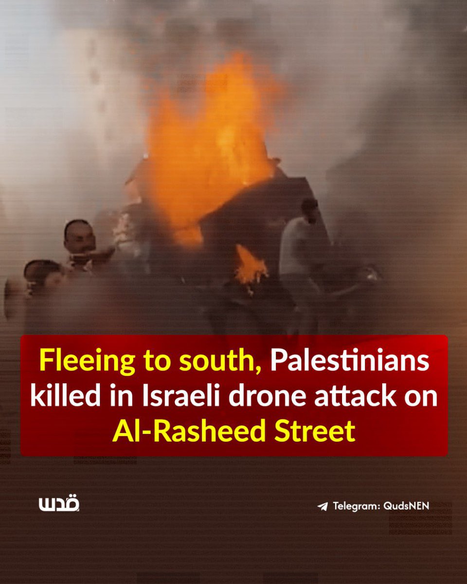 Multiple displaced Palestinian civilians lost their lives and others got injuries when an Israeli quadcopter drone dropped explosives on a group of displaced people along Al-Rashid Street in southwestern Gaza City, as they attempted to flee from the northern part of the city to