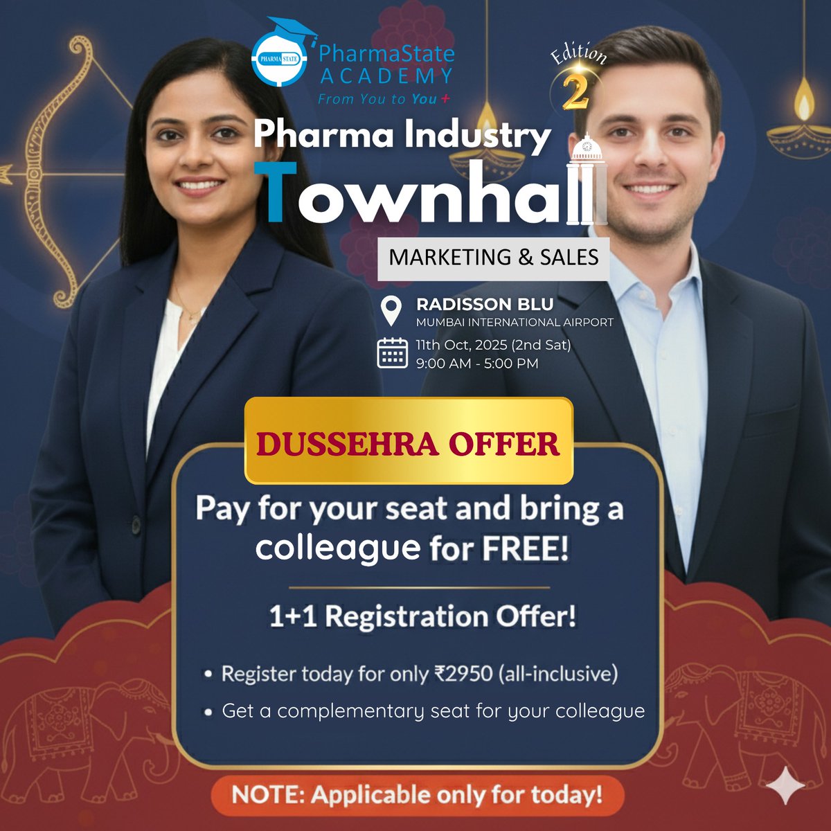 🥳🎉𝐃𝐮𝐬𝐬𝐞𝐡𝐫𝐚 𝐎𝐟𝐟𝐞𝐫!

𝐘𝐨𝐮 𝐏𝐚𝐲: ₹2950
𝐘𝐨𝐮 𝐆𝐞𝐭: Two Seats

🎟 𝐁𝐨𝐨𝐤 𝐧𝐨𝐰 𝐰𝐢𝐭𝐡 𝐃𝐮𝐬𝐬𝐞𝐡𝐫𝐚 (𝟏+𝟏) 𝐎𝐟𝐟𝐞𝐫:
events.pharmastate.academy/pharma-industr…