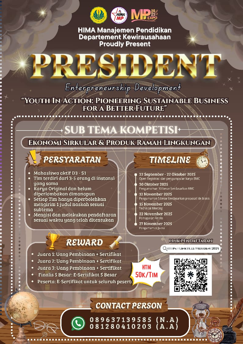loverslandrose's tweet photo. 🚀 Saatnya ide bisnismu bersinar!
Ikuti PRESIDENT 2025 – Business Plan Competition 🎯

📌 Daftarkan timmu sekarang dan jadilah bagian dari generasi muda penggerak perubahan!
More Info ⬇️⬇️ https://t.co/mYxgbQ2C3o

#PRESIDENT2025 #BusinessPlanCompetition #Lomba https://t.co/9KPYXO25Av