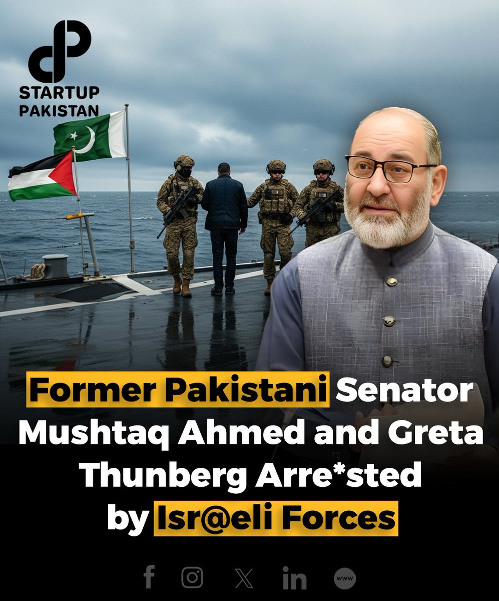 PakStartup's tweet photo. Ex-Senator Mushtaq Ahmad Khan, leading Pakistan’s delegation on the Global Sumud Flotilla, has been arrested after Isra_eli for_ces boarded the vessel. 

#globalsumudflotilla #pakistan #formersenator https://t.co/OtNgaHTKza