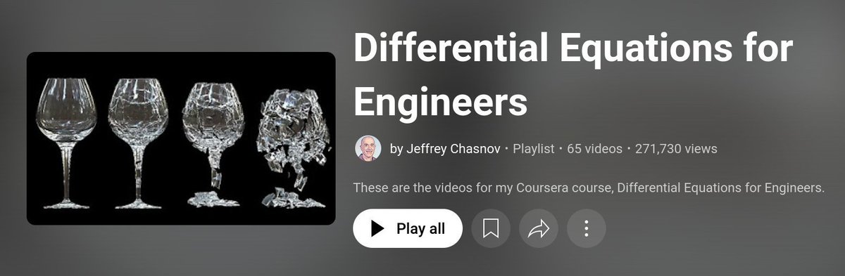 "Differential Equations for Engineers" by Jeffrey Chasnov  

Youtube Playlist: youtube.com/playlist?list=…
Lecture Notes: math.hkust.edu.hk/~machas/differ…