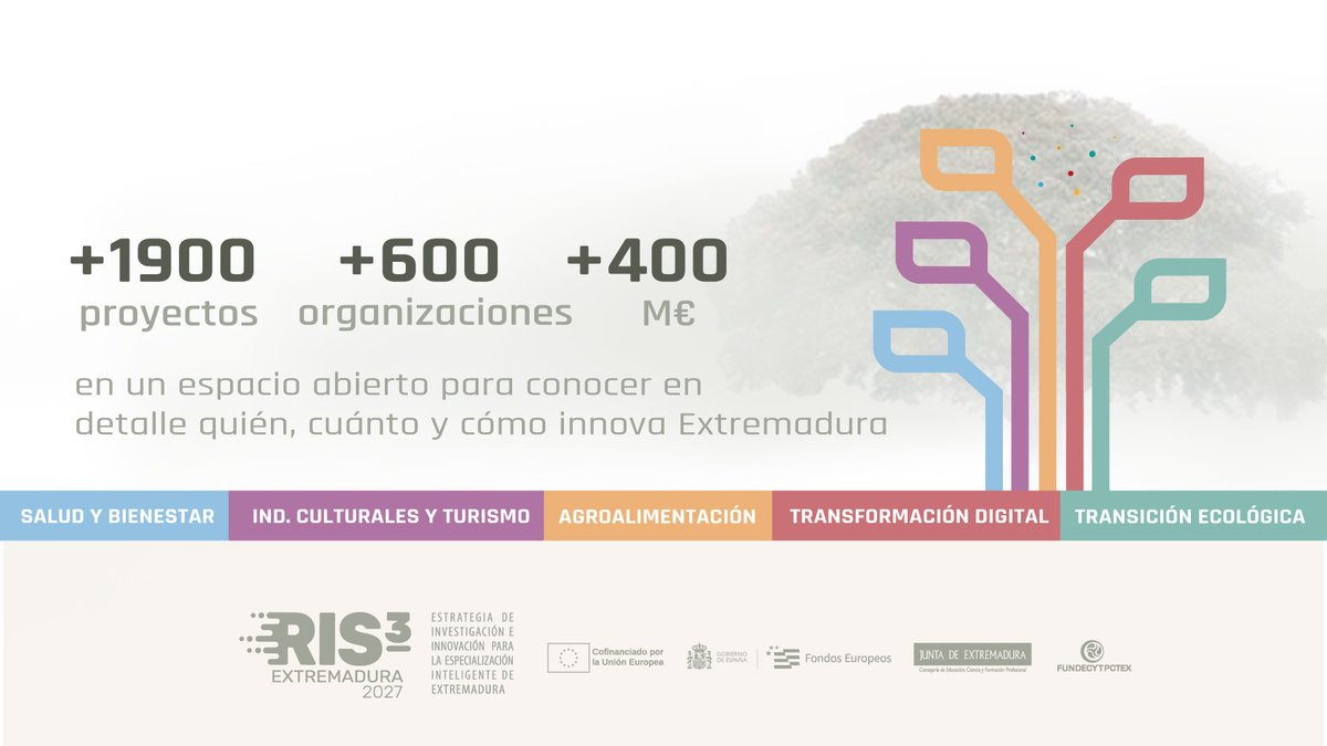 FundecytPCTEX's tweet photo. Diez años de #Ciencia, #Tecnología e #Innovación han dado mucho de sí en #Extremadura.

¡Ya está disponible la nueva herramienta del Observatorio #RIS3Extremadura con toda la I+D+I que se ha producido en la región desde 2014!

Abrimos con @educacionEXT (@Junta_Ex) un espacio digital, intuitivo y accesible para investigadores, empresas, administraciones públicas y ciudadanía que recopila diez años de ciencia, tecnología e innovación #MadeInExtremadura.

Ya puedes acceder a esta ventana única con más de 1.900 proyectos, 418 M€ de inversión y la actividad de 664 organizaciones que están transformando la región.

Conoce cuánto, cómo y quién innova en Extremadura en sectores estratégicos como la Agroalimentación, la Salud y el Bienestar, las Industrias Culturales y el Turismo, la Transformación Digital y la Transición Ecológica.

👉 Descubre la I+D+I de Extremadura como nunca antes en https://t.co/2cTTq9TE8O

📰 Puedes leer la noticia en https://t.co/EV54SiEDRk