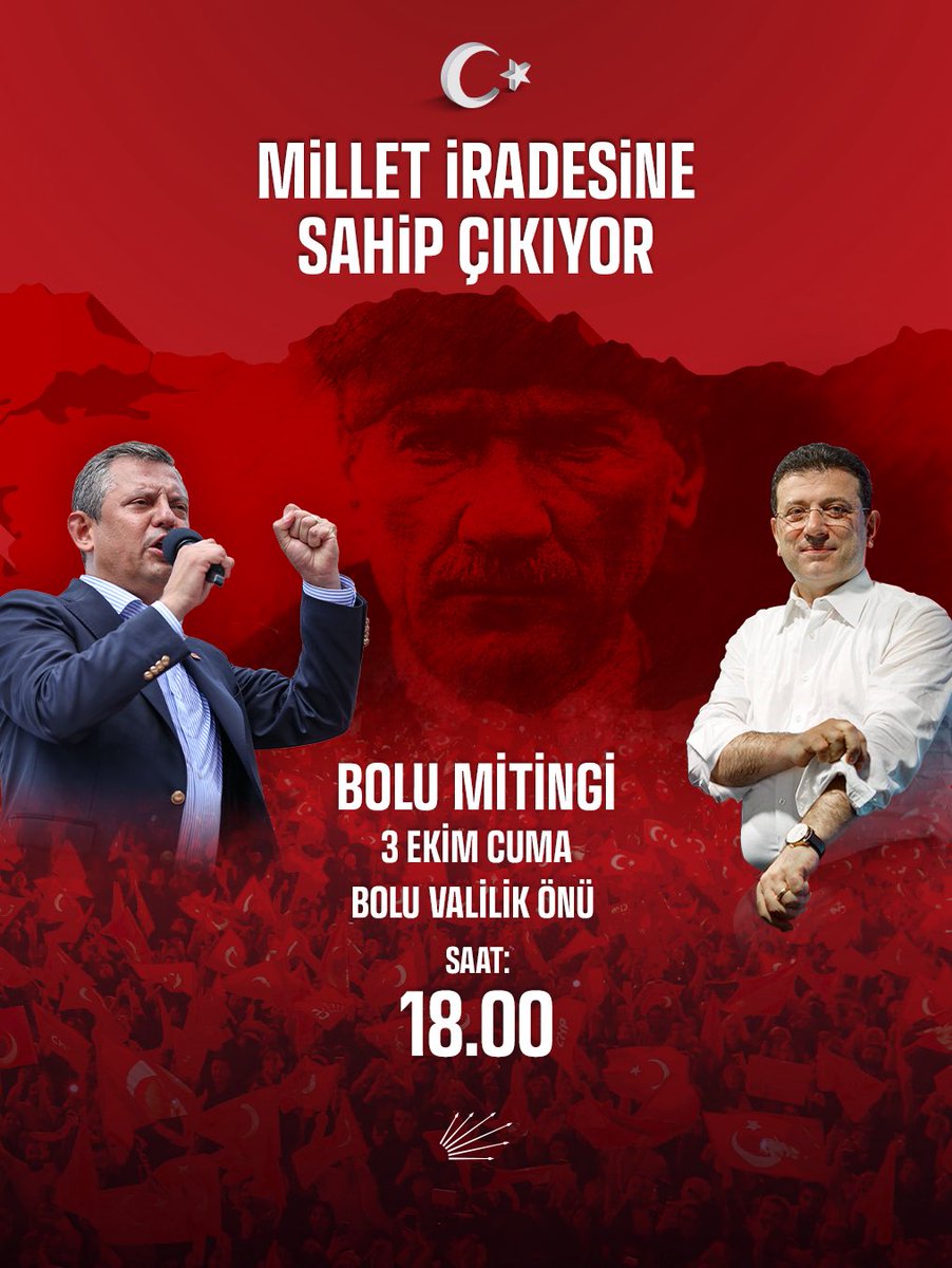 herkesicinCHP's tweet photo. Milletimizin iradesine ve helal oylarına, Türkiye’nin dört bir yanında sahip çıkıyoruz! 

Siyasi tutsaklar özgürlüğüne kavuşana, bu ülkeye adalet ve demokrasi gelene kadar meydanlardayız, milletimizleyiz! 

Yarın akşam Bolu’da buluşuyor, sesimizi hep birlikte yükseltiyoruz! 

🗓️3 Ekim Cuma 
⏰18.00
📍Bolu Valilik önü