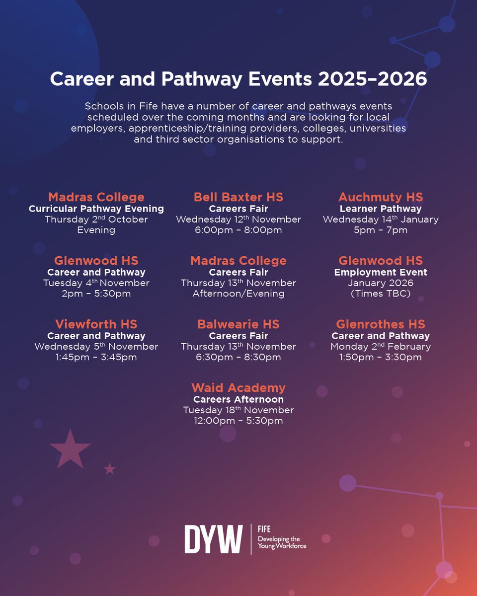 DYWFife's tweet photo. Get Involved 💫🚀

See our updated list of careers and pathways events taking place at our schools. 

Local Employer? Come along and see how you can support us!

#events #careers #employability https://t.co/AogQ7HJGvB