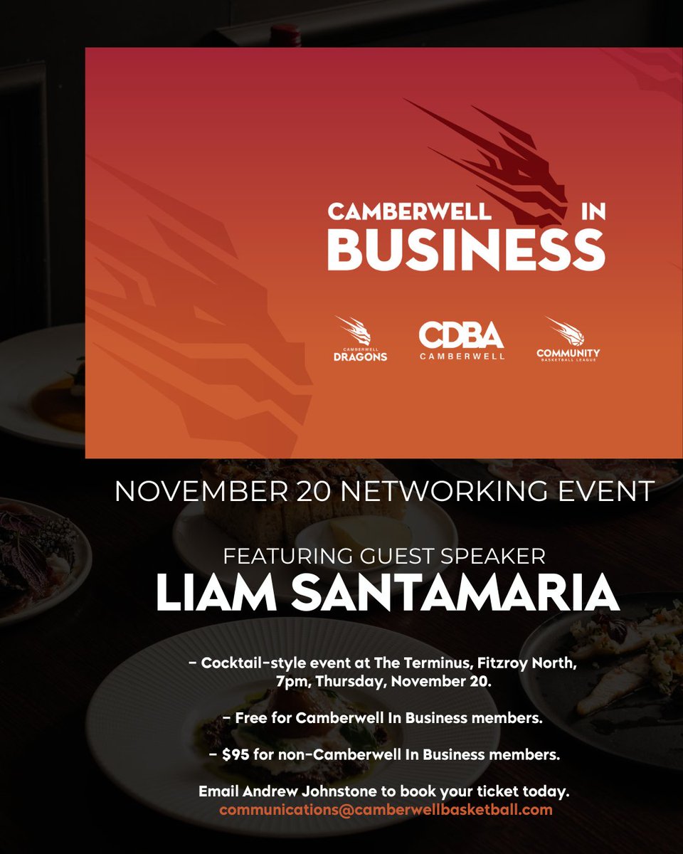 Tickets to the final Camberwell In Business event of the year are on sale now. To find out more about this special night, email communications@camberwellbasketball.com