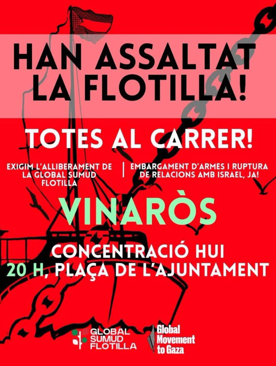 🛑 Des de Joventut pel Clima Vinaròs ens sumem a les protestes per l’alliberament de les activistes de la flotilla i per la ruptura de relacions amb l’estat genocida d’Israel.

📢 Avui, 20h, plaça de l’ajuntament de Vinaròs.