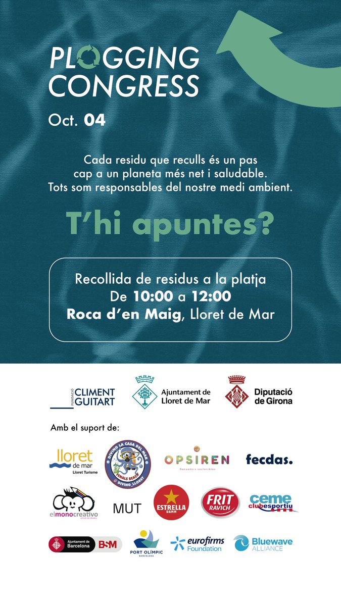🍀 Aquest dissabte Plogging Congress a #LloretDeMar. 
📍 Recollida de residus a la platja de 10h a 12h. 
Roca d’en Maig. 

T’hi apuntes? 
·
🍀 Este sábado Plogging Congress en #LloretDeMar. 
📍 Recogida de residuos en la playa de  d 10h a 12h. 
Roca d’en Maig. 

¿Te apuntas?