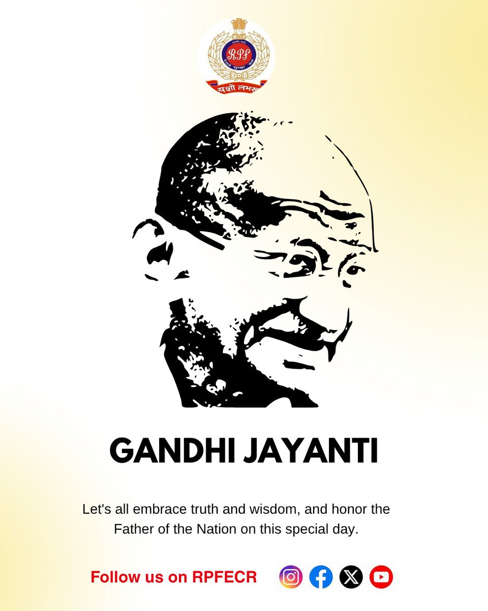 Gandhi Jayanti, celebrated on 2nd October, reminds us of Bapu’s ideals of truth, peace &amp; non-violence, inspiring harmony across the nation. 
#GandhiJayanti #MahatmaGandhi #Peace #NonViolence
<a href="/rpfecr/">RPF East Central Rly</a> 
<a href="/RPF_INDIA/">RPF INDIA</a>