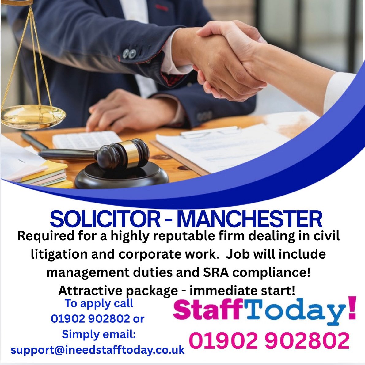 LATEST VACANCY!

Solicitor required in Manchester City Centre!

Great opportunity at a growing firm.  Attractive package and an immediate start!

Please DM in confidence!