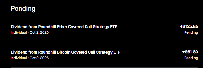 BeatTheBotz's tweet image. 💵 Today is Payday for #Roundhill’s $YBTC + $YETH

💰 My Total Pending Payout = $187.65
• $YETH → $125.85
• $YBTC → $61.80

💸 Daily Cash Flow Keeps Pouring In, Compounding Every Single Day. #BeatTheBotz 🤖