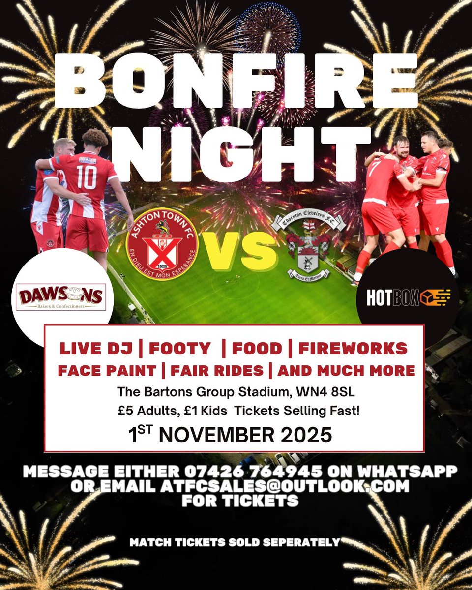 ashtontownfc's tweet photo. Ashton Town FC are delighted to announce a very special Bonfire Night celebration on Saturday 1st November 2025, following our home fixture against @thorntonfc.
See our Instagram and FB post for more details!
#UpTheTown #NWCFL #TownIsRed #AshtonTownFC https://t.co/vQ92Lm4peY