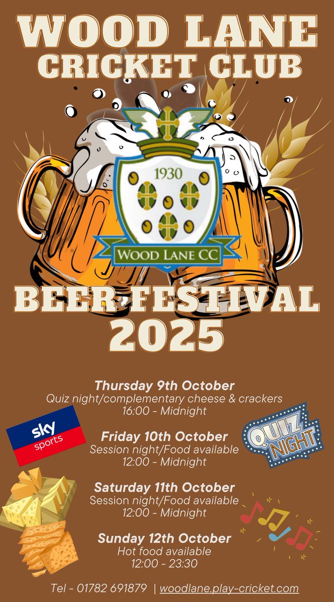 Wood Lane CC Annual Beer Festival starts Next Thursday 9th October 2025

We look forward to welcoming you to our club! 

<a href="/CAMRA_Official/">CAMRA</a> 
<a href="/CAMRAPotteries/">CAMRA Potteries</a> 
<a href="/StaffsCricket/">Staffordshire Cricket</a> 
<a href="/caskmarque/">Cask Marque</a> 
<a href="/caskaleweek/">Cask Ale Week</a>

🍻🍻🍻🍻🍻🍻🍻🍻