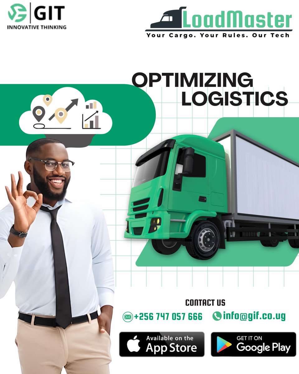 GI_Thinktank's tweet photo. 🚛 With LoadMaster, you don’t just move cargo, you optimize it.
📊 Real-time tracking.
⚡ Smart management.
💡 Tech-powered efficiency.
✅ Your Cargo. Your Rules. Our Tech.
📲 Get it now on App Store & Google Play.
📞 +256 747 057 666 | info@gif.co.ug
#Logistics #LoadMaster https://t.co/BUNpeCwwvi